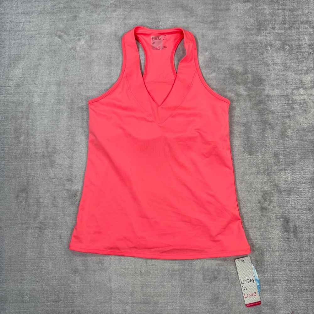 Lucky in Love Shirt Womens Medium Lava Neon Pink Racerback Tank Top Tennis Gym